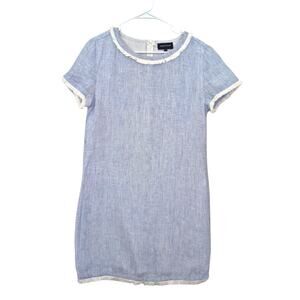 French Curve Linen Dress Sz S Lt Blue Short Sleeve Fringe Coastal Cowgirl Boho